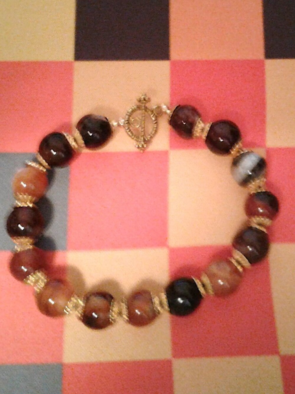Earthtone Colors Amber & Jasper Stone Bead Gold Tone Bracelet Fits up to 8" LNC